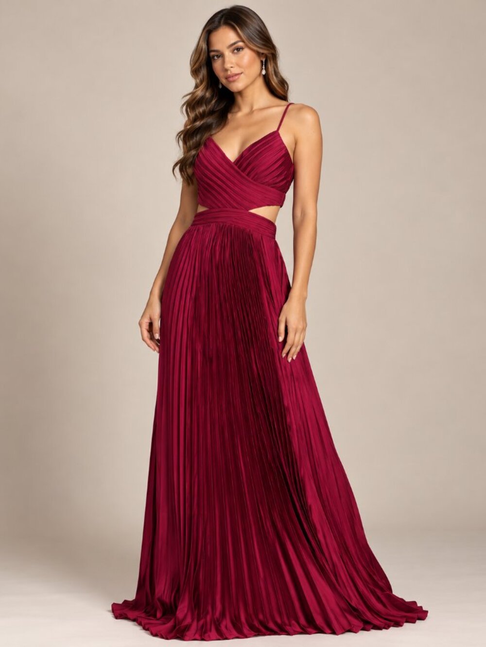 Burgundy Satin Pleated V-Neck Cutout Maxi Evening Dress